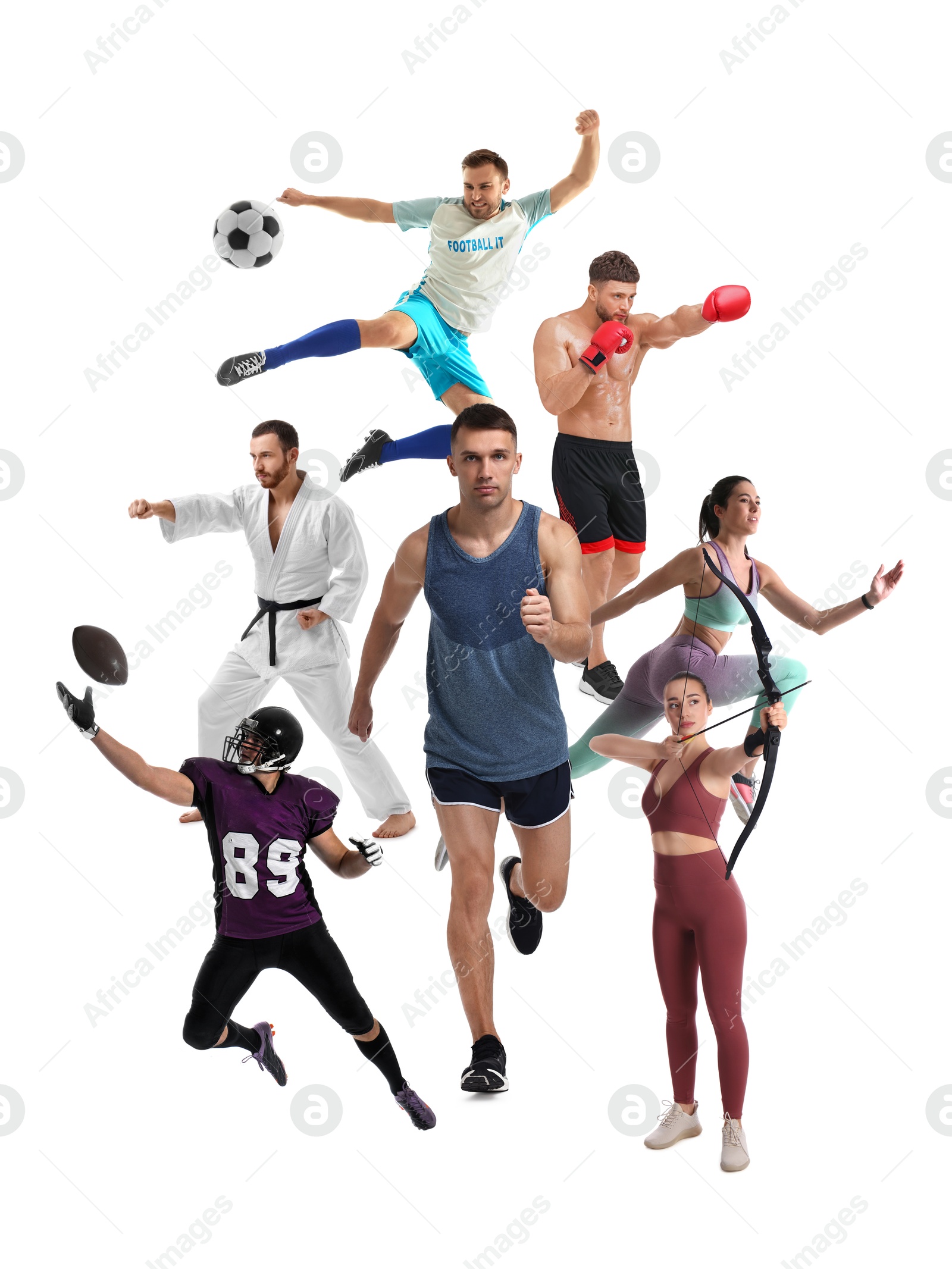 People engaged in different sport activities on white background, collage Image of People engaged in different sport activities on white background, collage