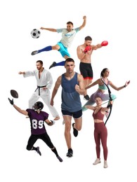 Image of People engaged in different sport activities on white background, collage