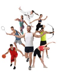 Image of People engaged in different sport activities on white background, collage