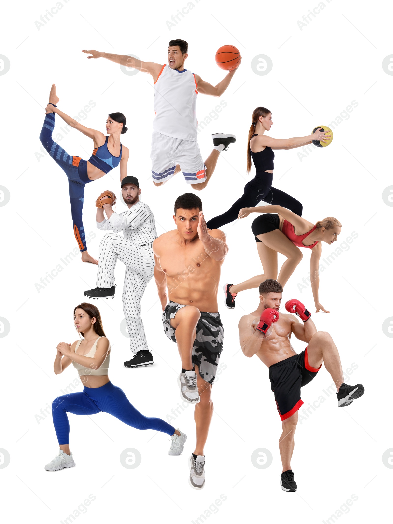 People engaged in different sport activities on white background, collage Image of People engaged in different sport activities on white background, collage