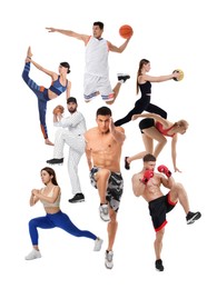 Image of People engaged in different sport activities on white background, collage
