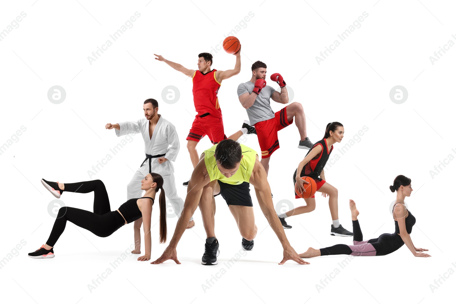 People engaged in different sport activities on white background, collage Image of People engaged in different sport activities on white background, collage