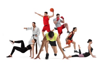 Image of People engaged in different sport activities on white background, collage