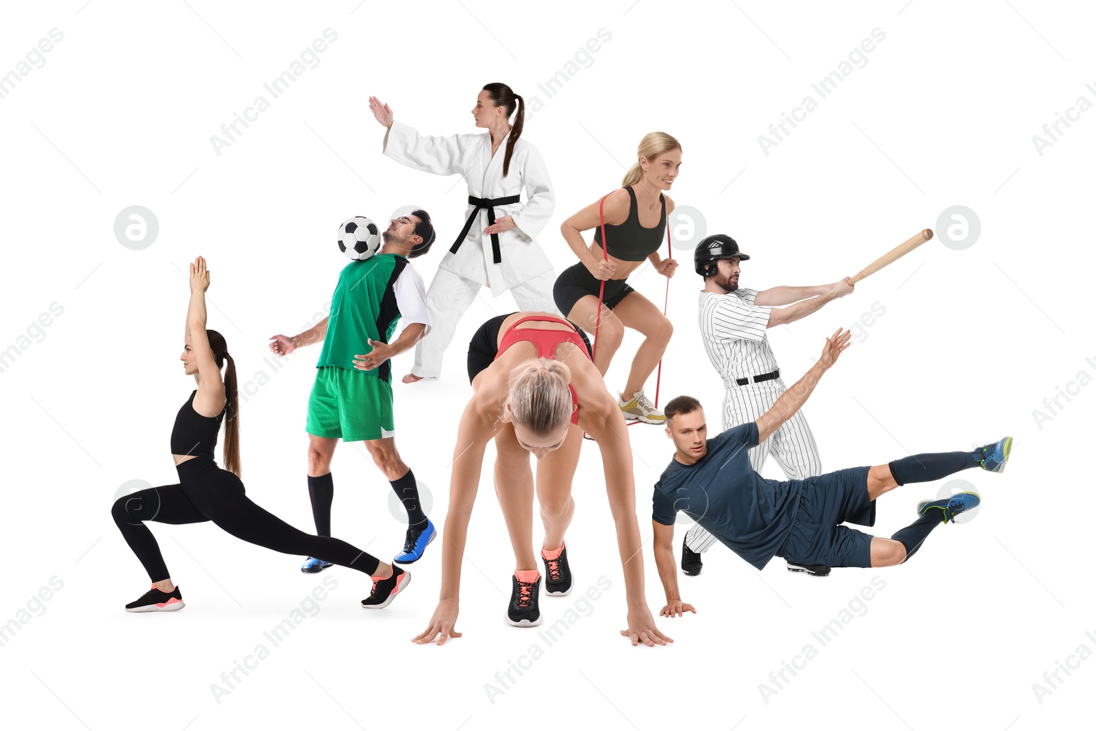 People engaged in different sport activities on white background, collage Image of People engaged in different sport activities on white background, collage