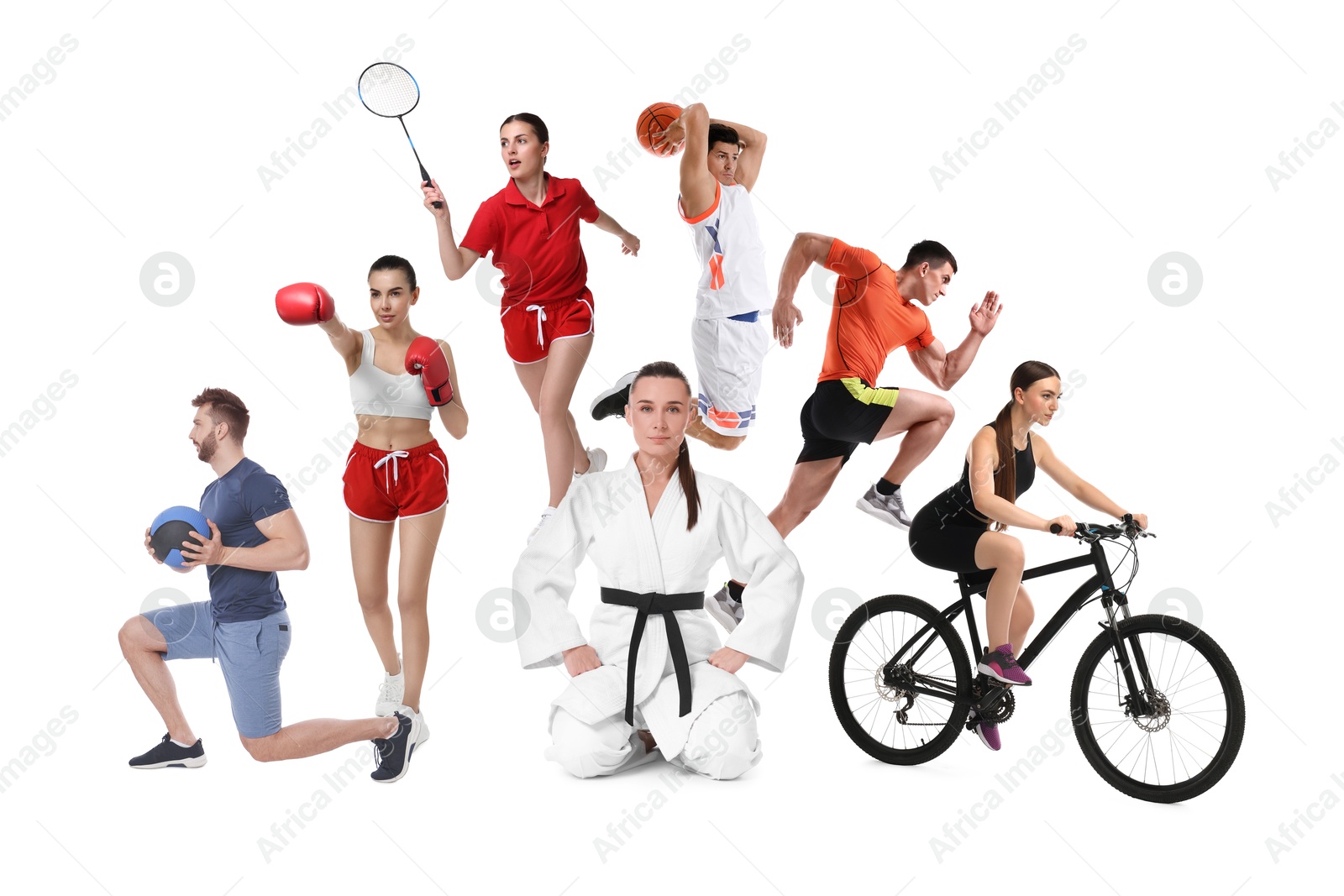 People engaged in different sport activities on white background, collage Image of People engaged in different sport activities on white background, collage