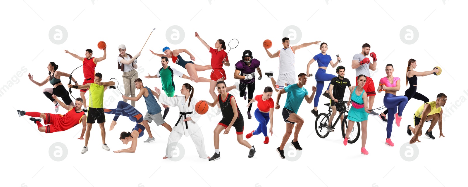 People engaged in different sport activities on white background, collage Image of People engaged in different sport activities on white background, collage