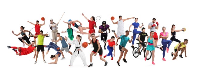 Image of People engaged in different sport activities on white background, collage