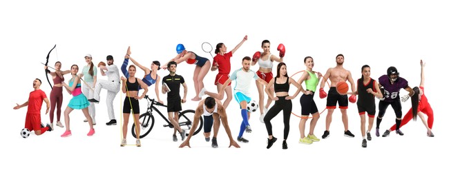 Image of People engaged in different sport activities on white background, collage