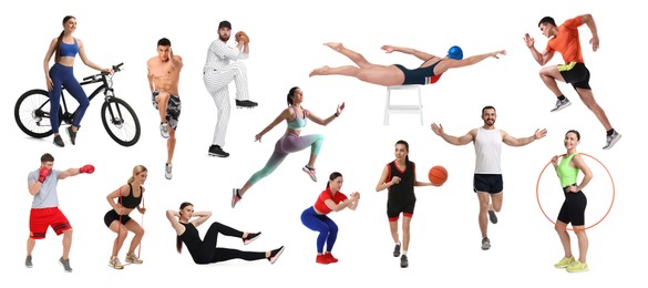 Image of People engaged in different sport activities on white background, collage