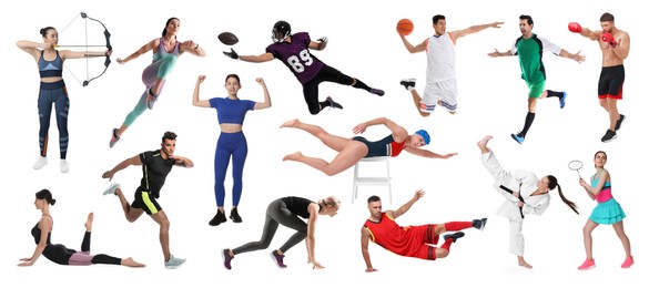 Image of People engaged in different sport activities on white background, collage
