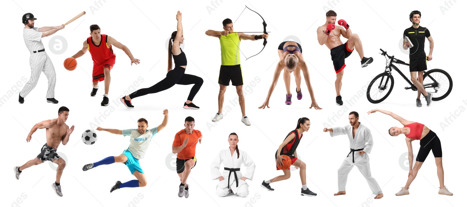 People engaged in different sport activities on white background, collage Image of People engaged in different sport activities on white background, collage