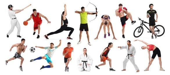 Image of People engaged in different sport activities on white background, collage