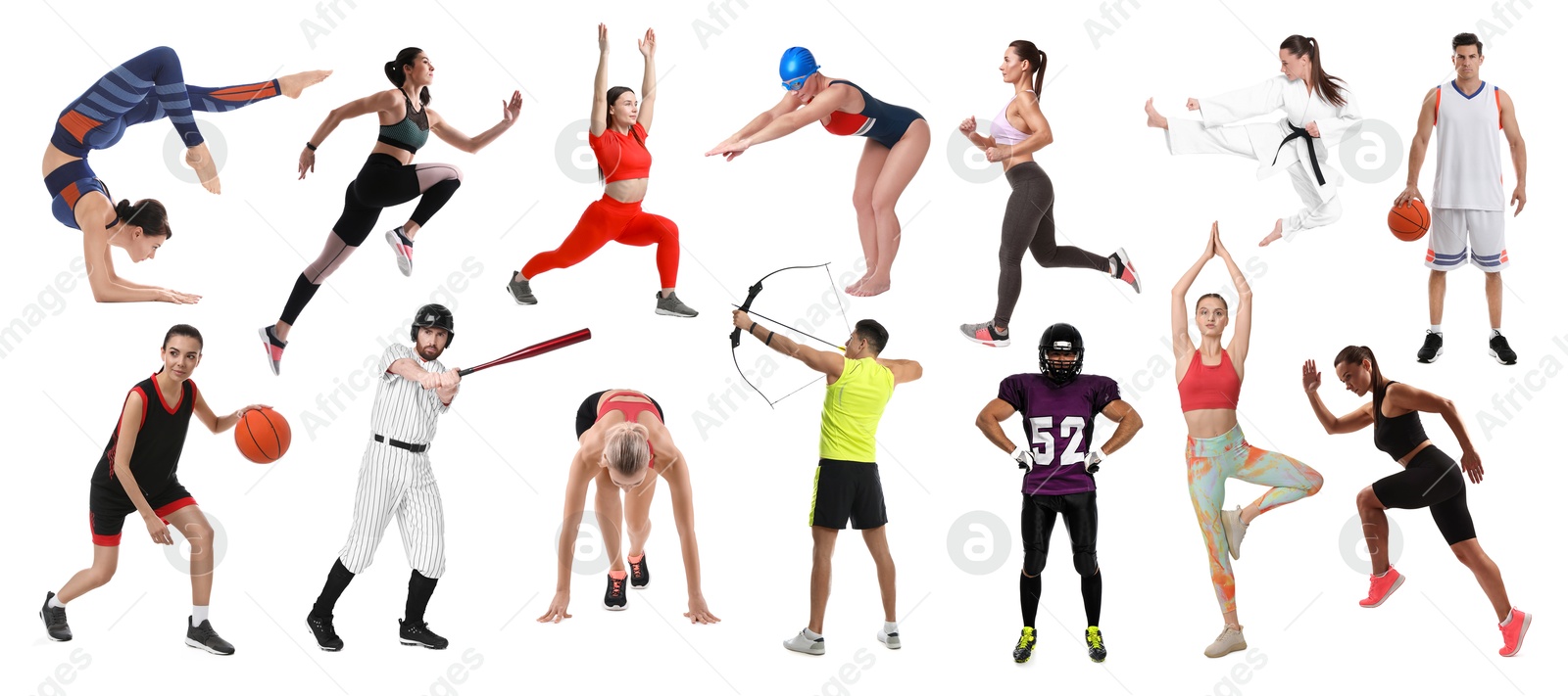 People engaged in different sport activities on white background, collage Image of People engaged in different sport activities on white background, collage