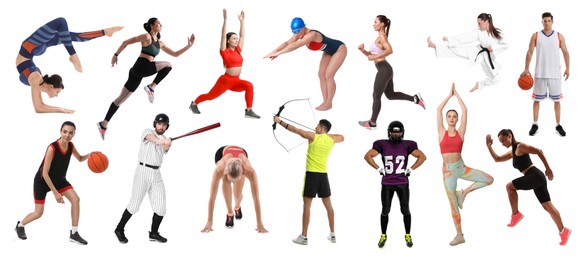 Image of People engaged in different sport activities on white background, collage