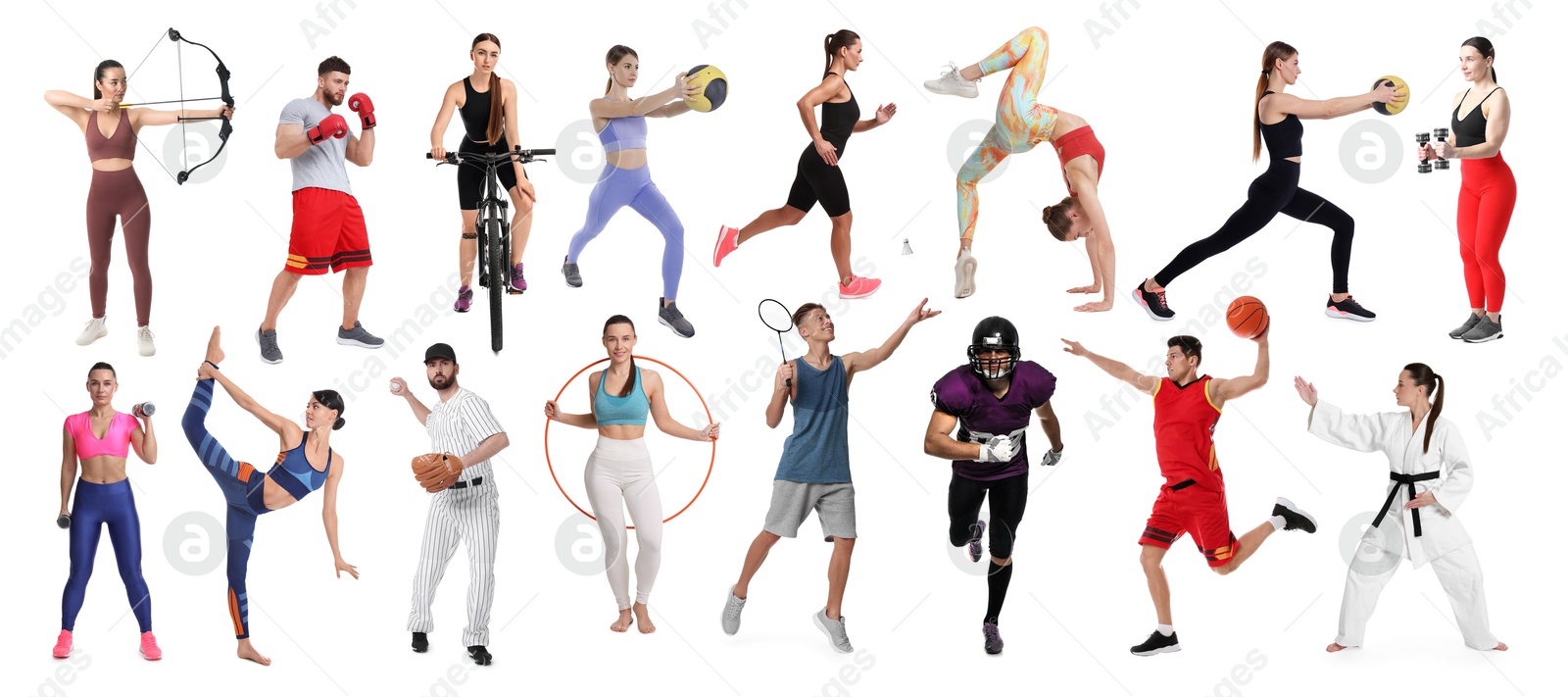 People engaged in different sport activities on white background, collage Image of People engaged in different sport activities on white background, collage