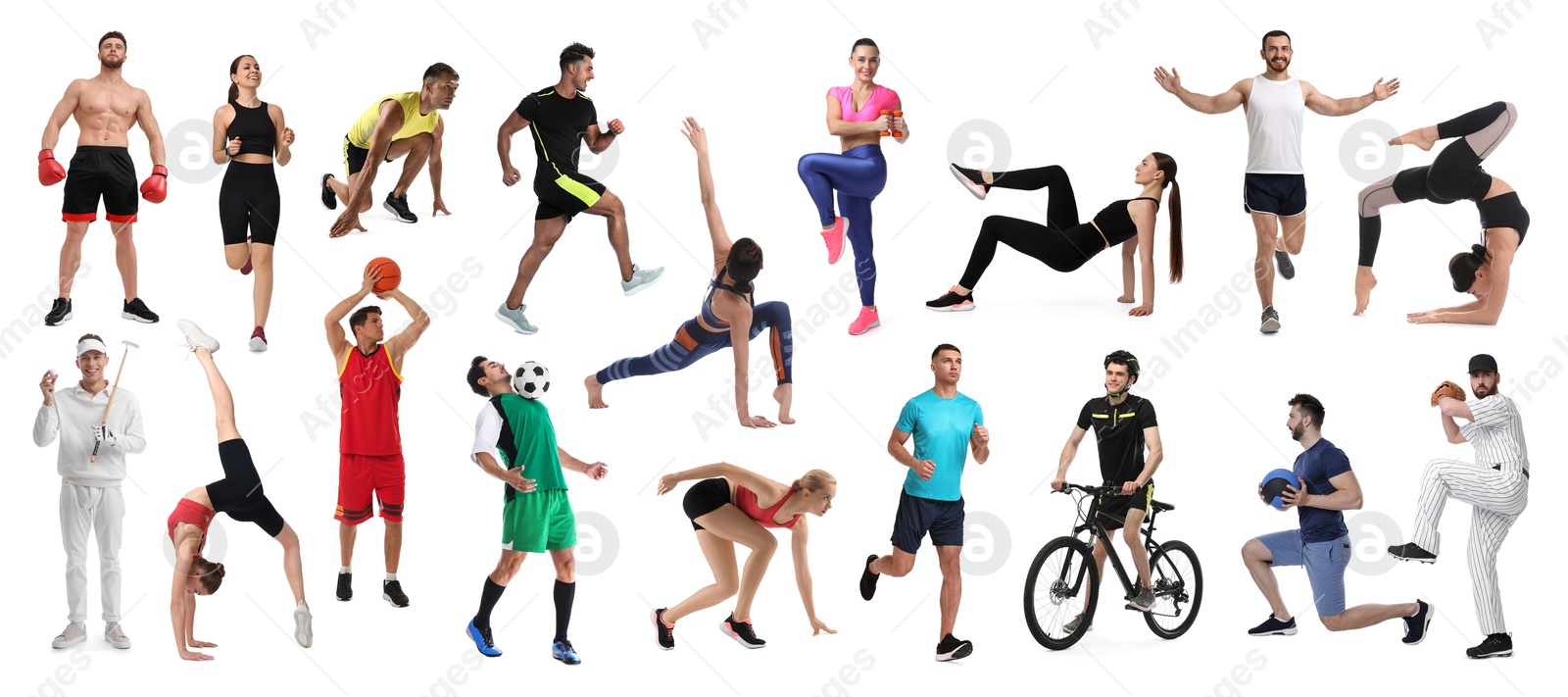 People engaged in different sport activities on white background, collage Image of People engaged in different sport activities on white background, collage