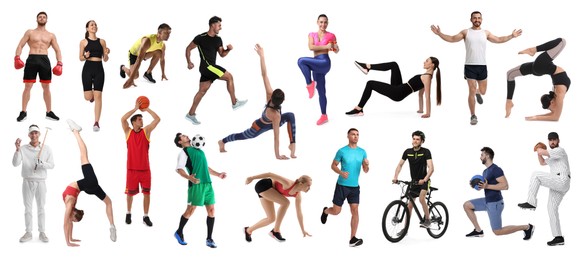 Image of People engaged in different sport activities on white background, collage