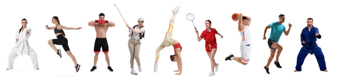 Image of People engaged in different sport activities on white background, collage