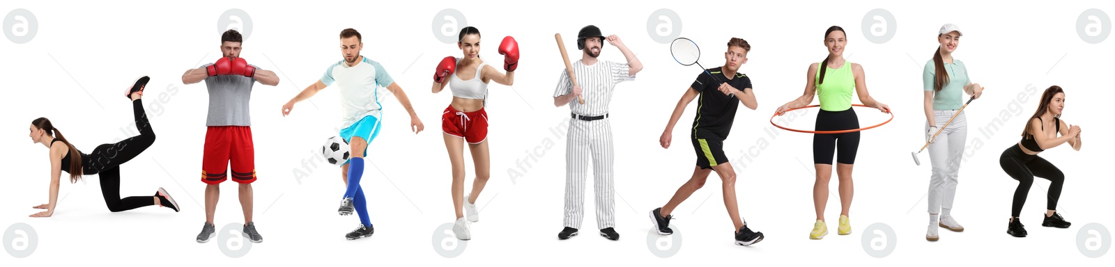 People engaged in different sport activities on white background, collage Image of People engaged in different sport activities on white background, collage