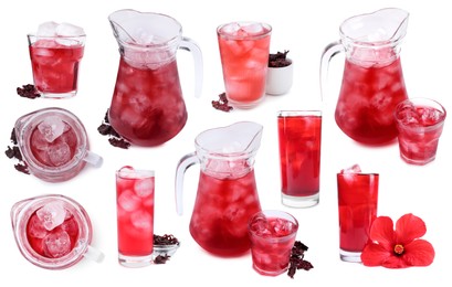 Image of Refreshing cold hibiscus tea with ice isolated on white, set