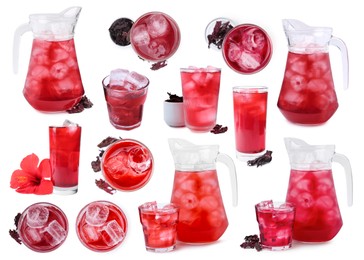 Image of Refreshing cold hibiscus tea with ice isolated on white, set