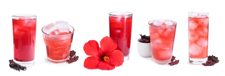 Image of Refreshing cold hibiscus tea with ice isolated on white, set