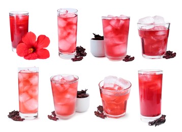 Image of Refreshing cold hibiscus tea with ice isolated on white, set