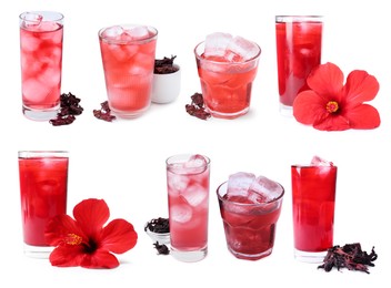 Image of Refreshing cold hibiscus tea with ice isolated on white, set