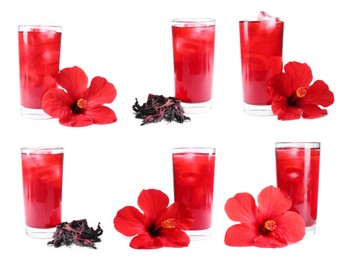 Image of Refreshing cold hibiscus tea with ice isolated on white, set