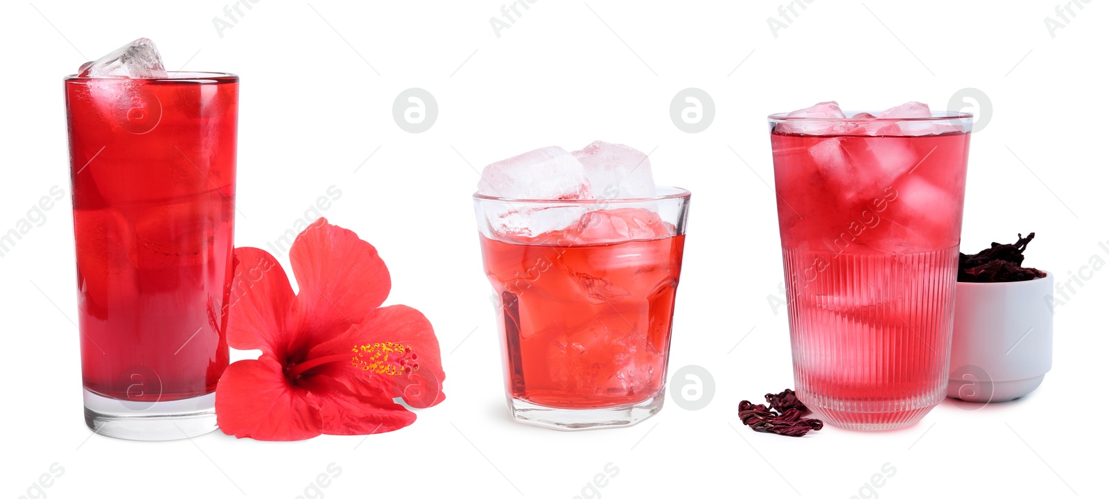 Image of Refreshing cold hibiscus tea with ice isolated on white, set