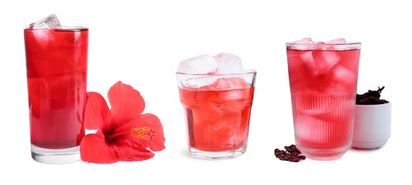 Image of Refreshing cold hibiscus tea with ice isolated on white, set