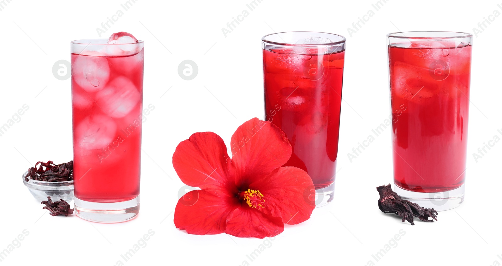 Image of Refreshing cold hibiscus tea with ice isolated on white, set