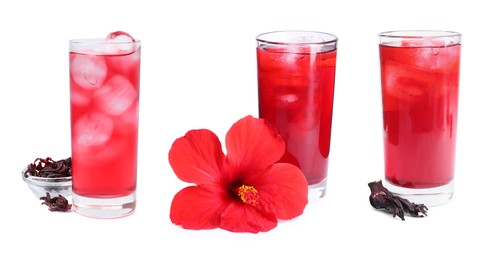 Image of Refreshing cold hibiscus tea with ice isolated on white, set