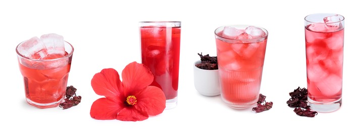 Image of Refreshing cold hibiscus tea with ice isolated on white, set