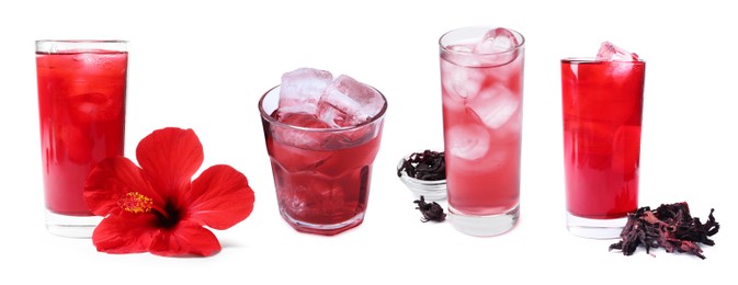 Image of Refreshing cold hibiscus tea with ice isolated on white, set