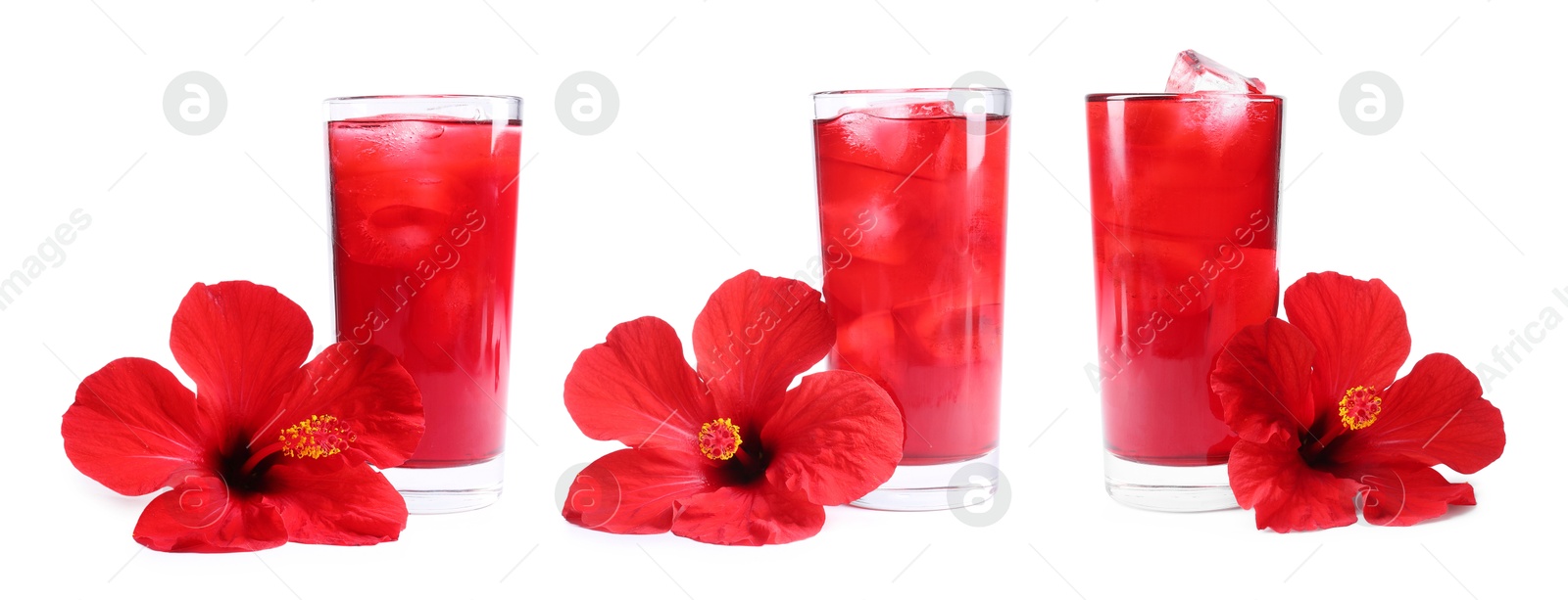 Refreshing cold hibiscus tea with ice isolated on white, set Image of Refreshing cold hibiscus tea with ice isolated on white, set
