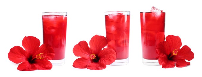 Image of Refreshing cold hibiscus tea with ice isolated on white, set