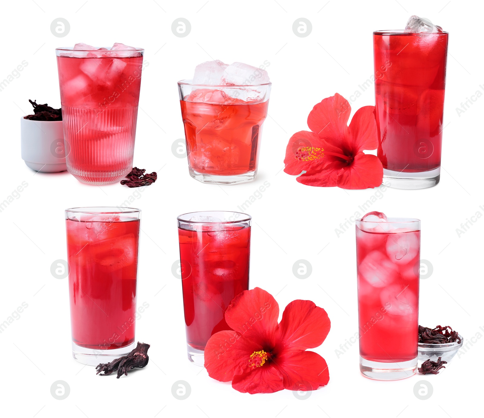 Refreshing cold hibiscus tea with ice in glasses isolated on white, set Image of Refreshing cold hibiscus tea with ice in glasses isolated on white, set