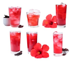Image of Refreshing cold hibiscus tea with ice in glasses isolated on white, set