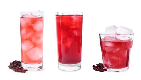 Image of Refreshing cold hibiscus tea with ice in glasses isolated on white, set