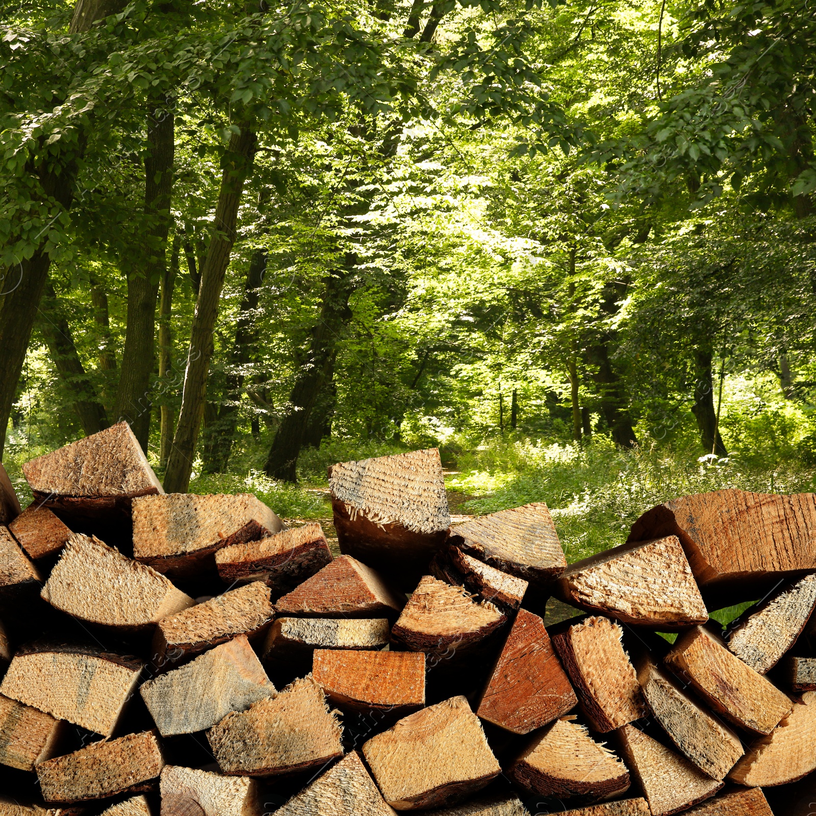 Pile of cut firewood near trees in forest Image of Pile of cut firewood near trees in forest