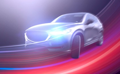 Image of Car and speed light trails, motion blur effect