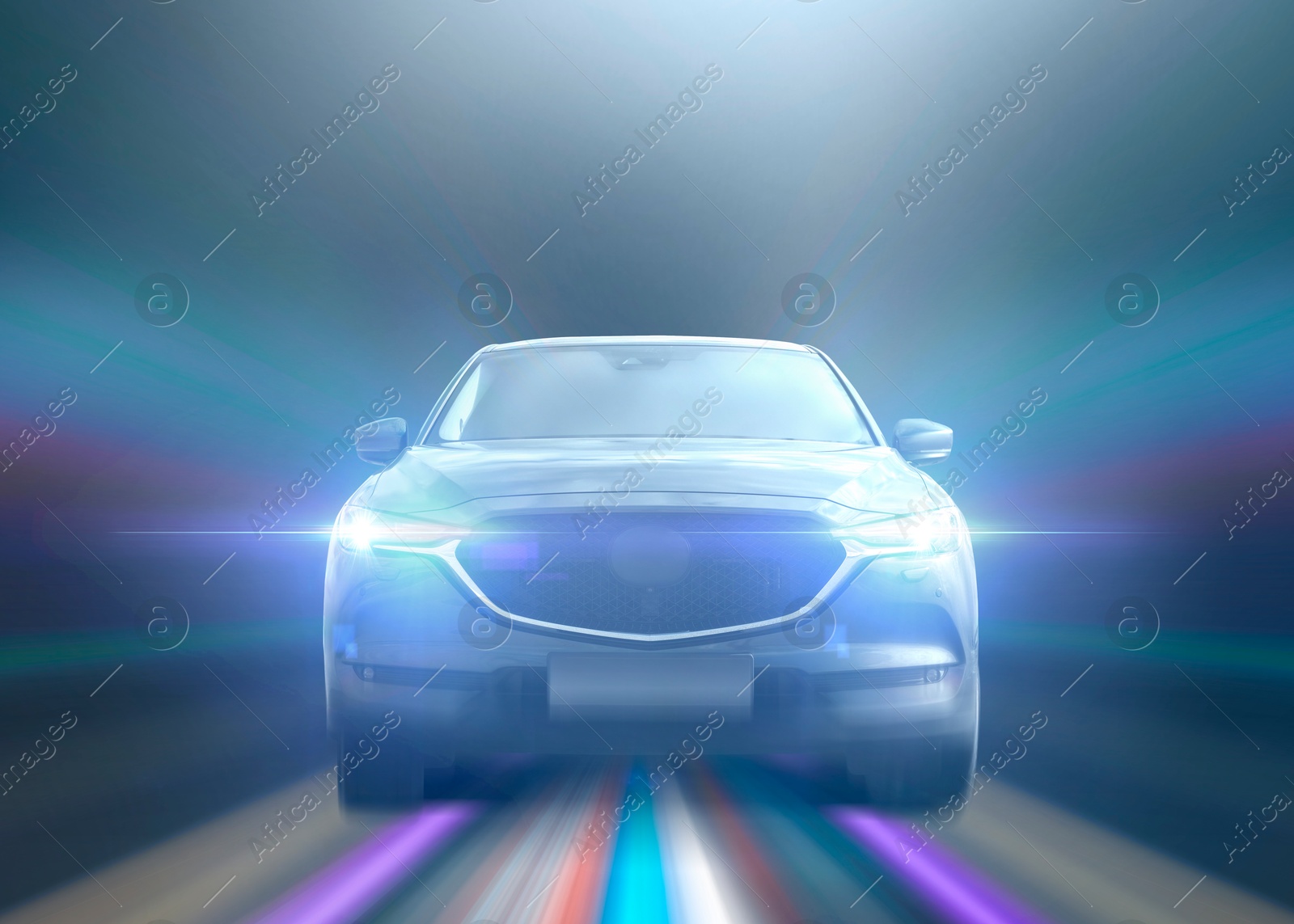 Car driving fast. Speed light trails, motion blur effect Image of Car driving fast. Speed light trails, motion blur effect