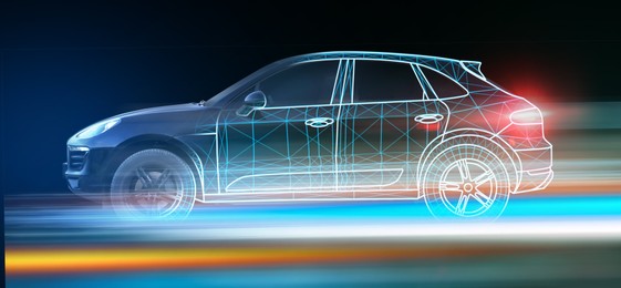 Image of Car in polygonal design and speed light trails on black background, motion blur effect. Banner design