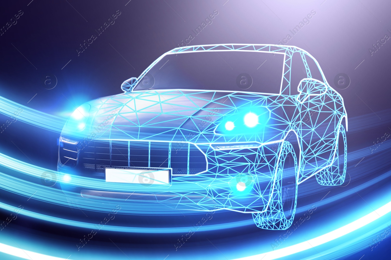 Car in polygonal design and speed light trails, motion blur effect Image of Car in polygonal design and speed light trails, motion blur effect