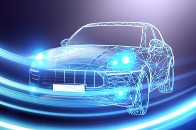 Image of Car in polygonal design and speed light trails, motion blur effect