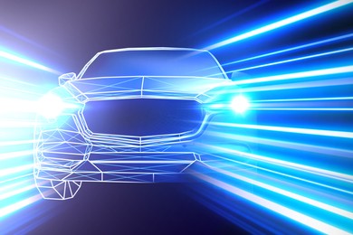 Image of Car in polygonal design and speed light trails, motion blur effect