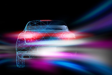 Image of Car in polygonal design and speed light trails on black background, motion blur effect