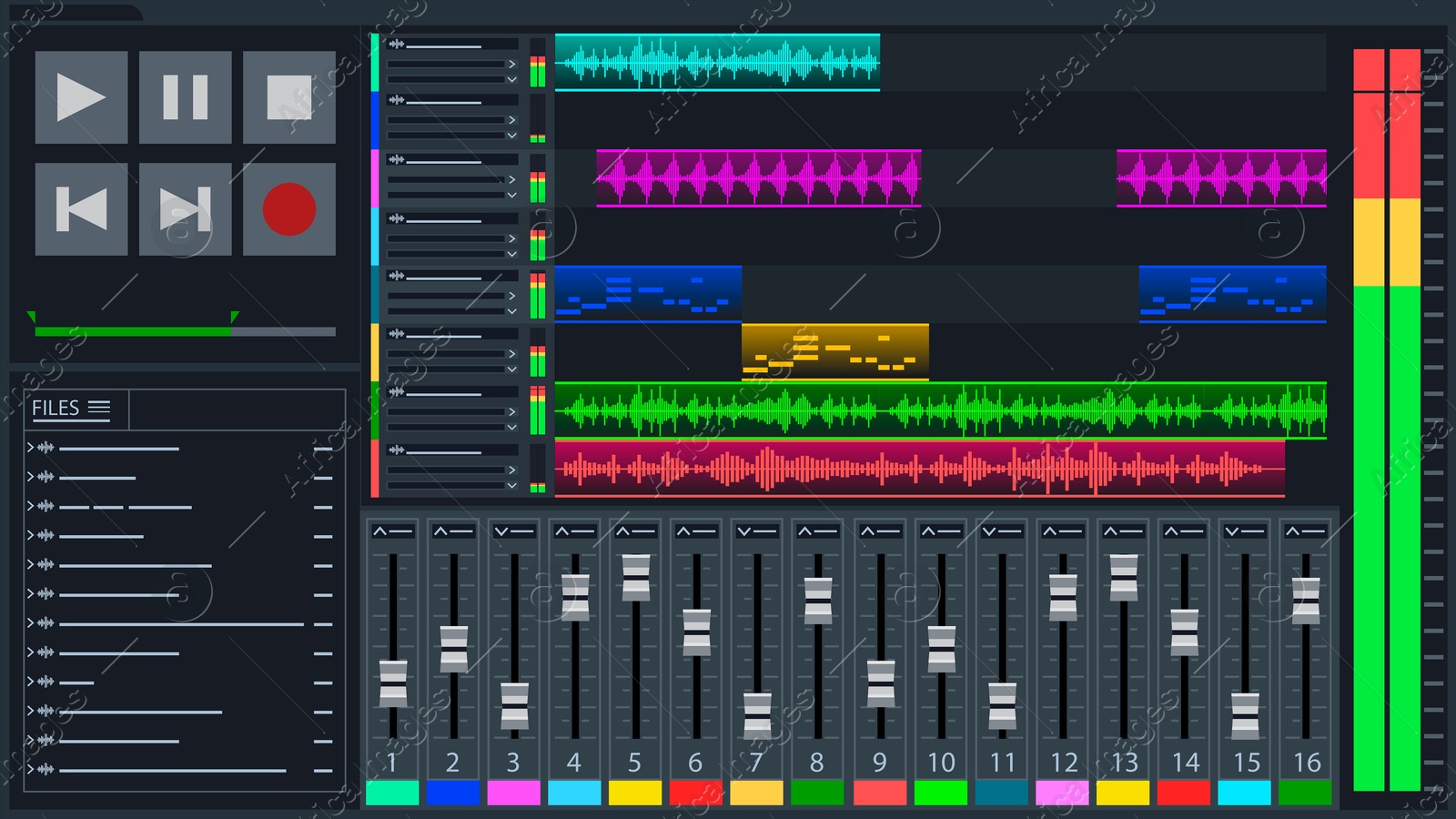 Digital audio workstation interface. Music production and editing software Illustration of Digital audio workstation interface. Music production and editing software