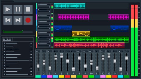 Illustration of Digital audio workstation interface. Music production and editing software